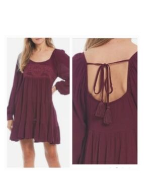 Chelsea & Violet Plum Boho Tie-Back Long Sleeve Mini Dress